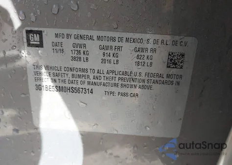 2017 Chevrolet Cruze Lt Auto from USA, damaged, VIN 3G1BE5SM0HS567314